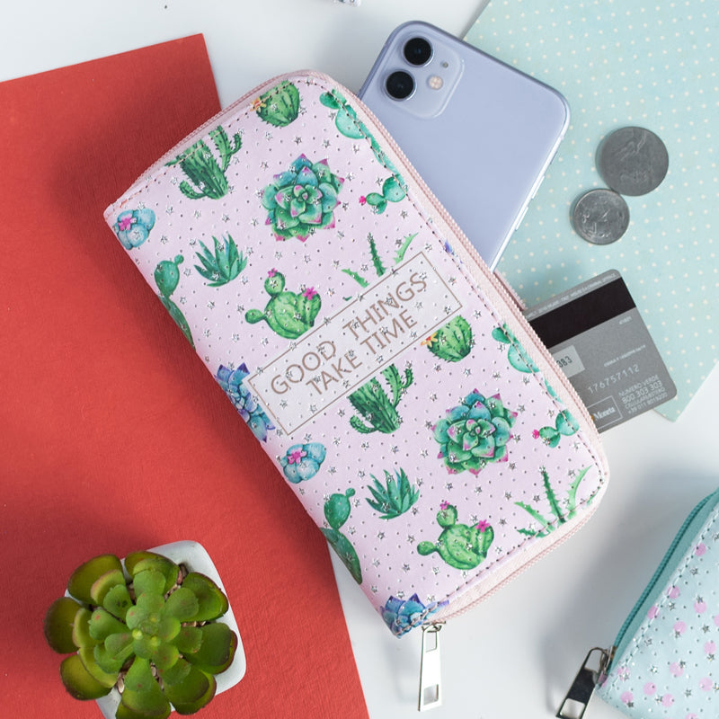 Cactus Pattern Zip-Around Wallet