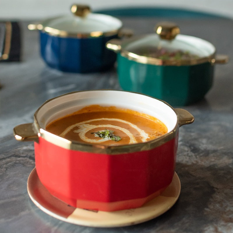 Gold Rimmed Ceramic Casserole with Lid Casserole June Trading   