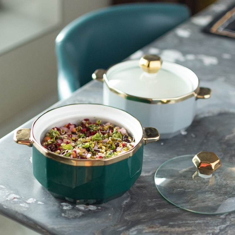 Gold Rimmed Ceramic Casserole with Lid Casserole June Trading   