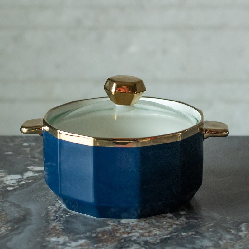 Gold Rimmed Ceramic Casserole with Lid Casserole June Trading Azure Blue  