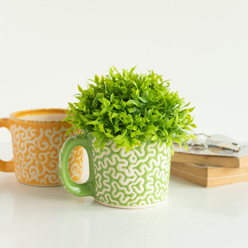 Mug Shaped Planter - Hand Painted Resin Pot Planters June Trading Light Green  