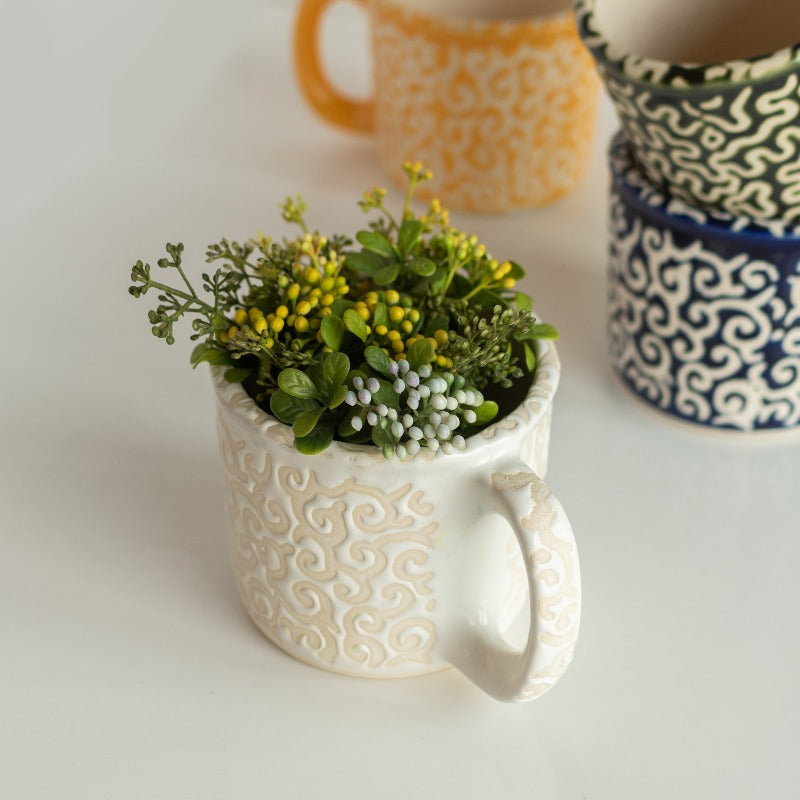 Mug Shaped Planter - Hand Painted Resin Pot Planters June Trading Ivory White  