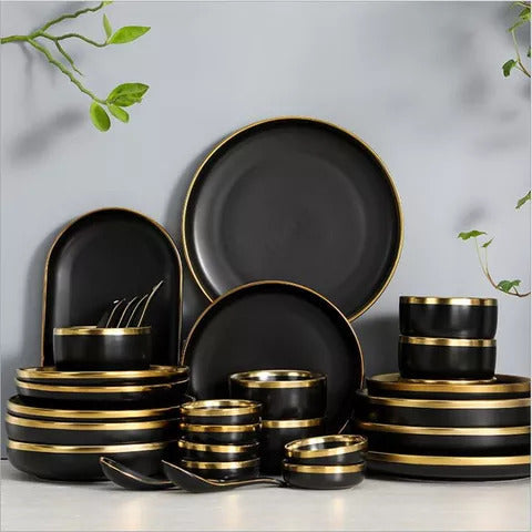 Jet Black Gold Rimmed Dinner Plate Dinner Plates June Trading   
