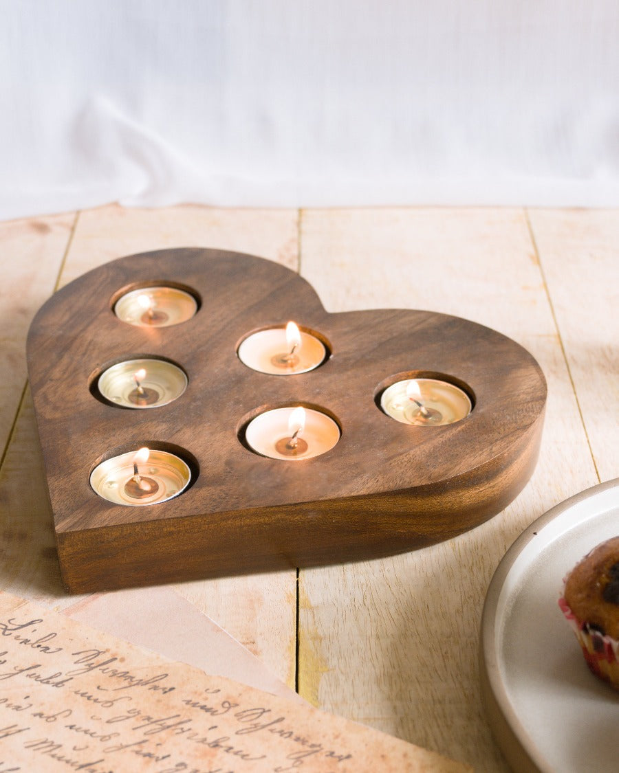 Wooden Heart Shaped Tea-Lights Tray Tea-Light Holder June Trading   