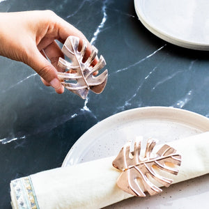 Monstera Leaf Rose Gold Napkin Rings (Set of 6) Napkin Rings June Trading   