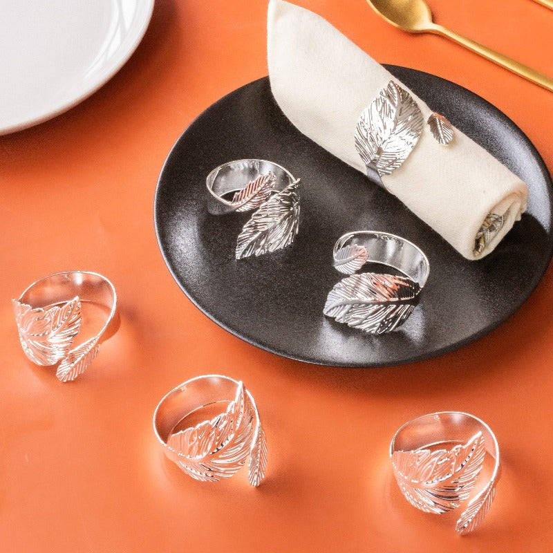 Leafy Details Silver Silver Napkin Rings (Set of 6) Napkin Rings June Trading   