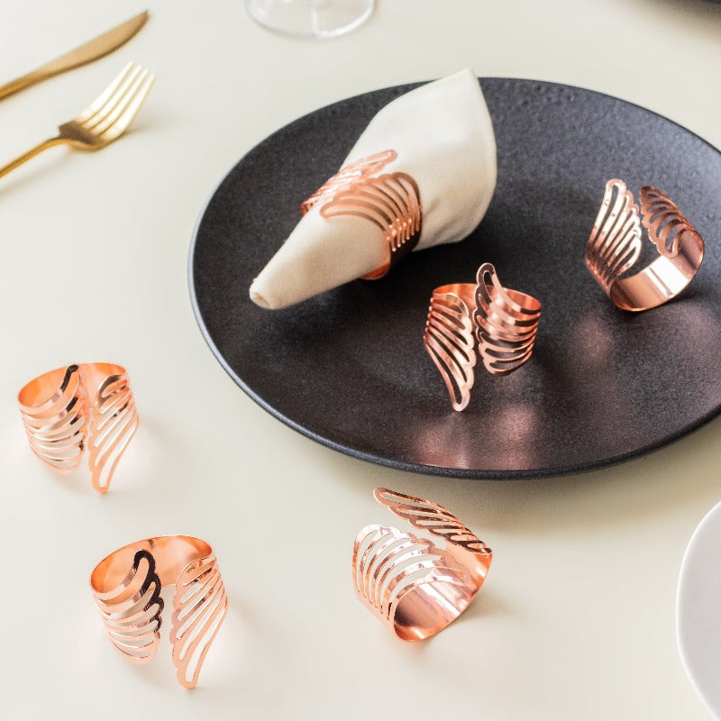 Feather Essence Rose Gold Napkin Rings (Set of 6) Napkin Rings June Trading   