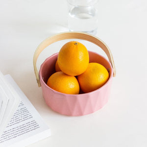 Nordic Snack Serving Bowl With Wooden Handle Basket June Trading Candy Pink  