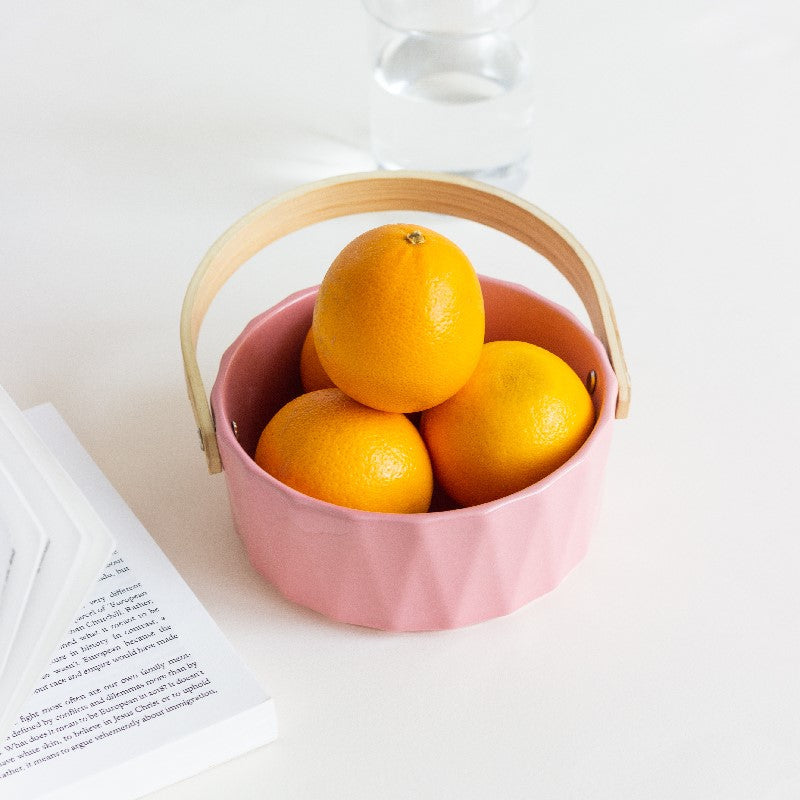 Nordic Snack Serving Bowl With Wooden Handle Basket June Trading Candy Pink  
