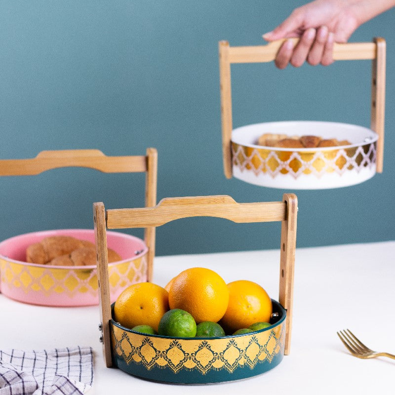 Traditional Accent Snack Serving Bowl With Wooden Handle Serving Platters June Trading   