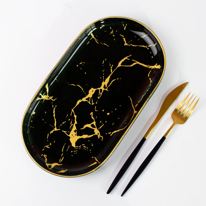 Gold On Black Marble Round Snack Platter Serving Tray June Trading   