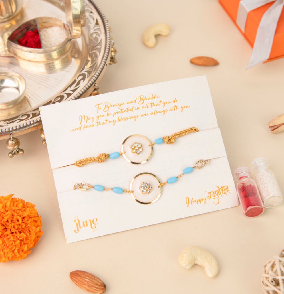 Handicrafted Traditional Rakhis For Bhaiya & Bhabhi (Set Of 2) Rakhis June Trading   