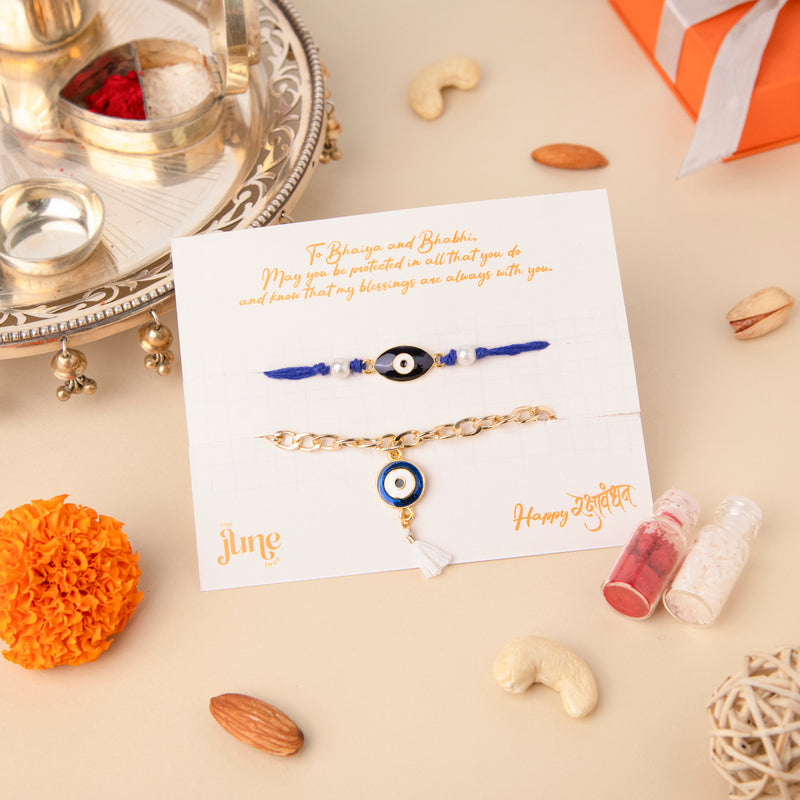 Glossy Evil Eye - Traditional Rakhis For Bhaiya & Bhabhi (Set Of 2) Rakhis June Trading   
