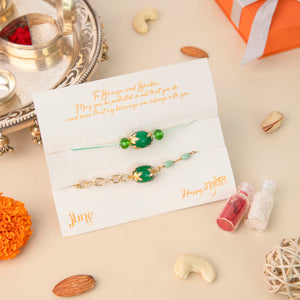 Green Vintage Stones - Traditional Rakhis For Bhaiya & Bhabhi (Set Of 2) Rakhis June Trading   