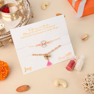Pearl White With Pink Tassels - Traditional Rakhis For Bhaiya & Bhabhi (Set Of 2) Rakhis June Trading   