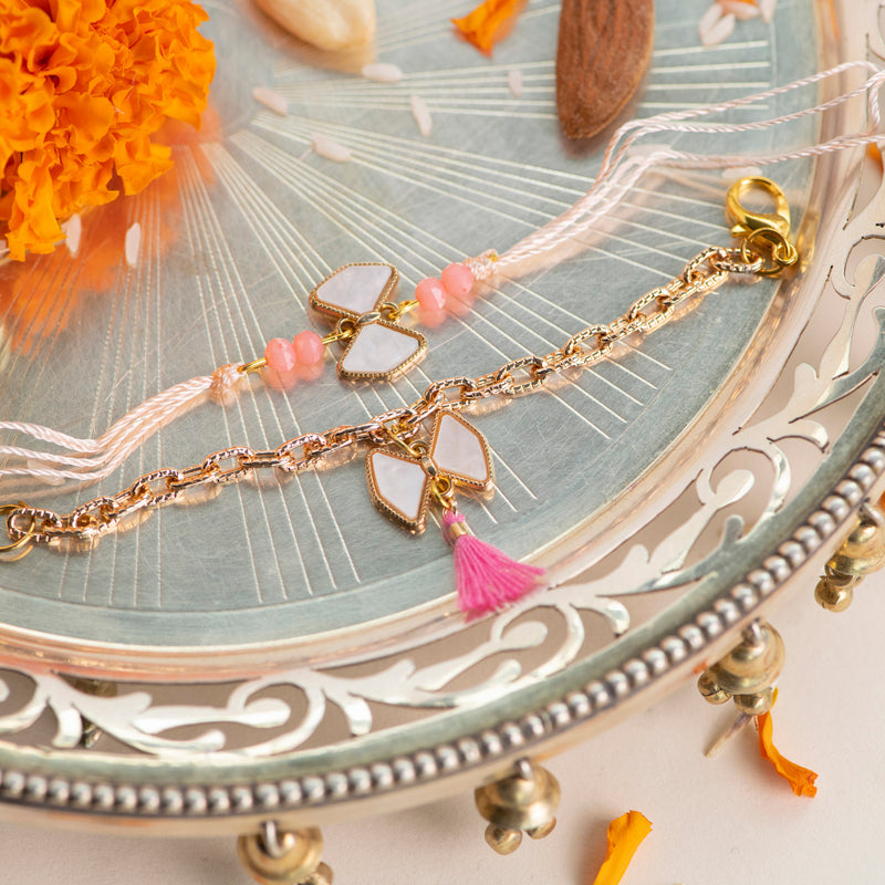 Pearl White With Pink Tassels - Traditional Rakhis For Bhaiya & Bhabhi (Set Of 2) Rakhis June Trading   