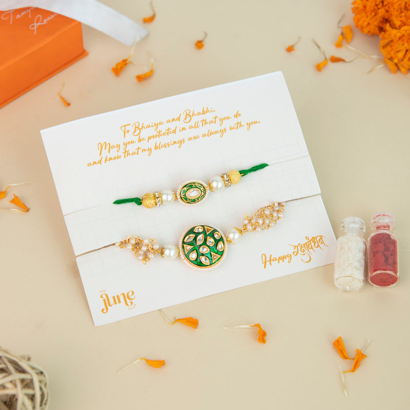 Natural Green Jadau Style - Traditional Rakhis For Bhaiya & Bhabhi (Set Of 2) Rakhis June Trading   