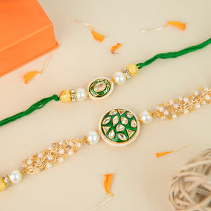 Natural Green Jadau Style - Traditional Rakhis For Bhaiya & Bhabhi (Set Of 2) Rakhis June Trading   