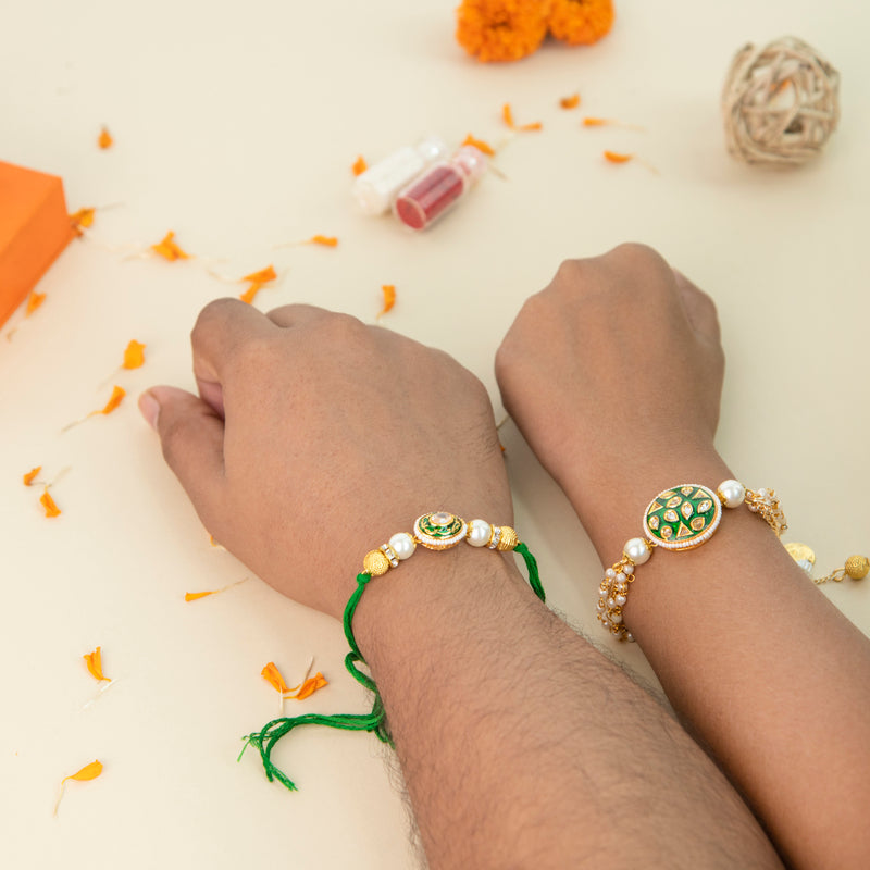 Natural Green Jadau Style - Traditional Rakhis For Bhaiya & Bhabhi (Set Of 2) Rakhis June Trading   