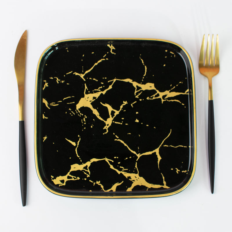 Gold On Black Marble Square Snack Plate (8 Inches) Starter Plates June Trading   