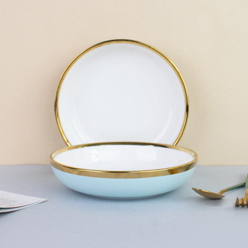 Gold Rim Colour Pop Serving Plate (7 Inches) Pasta Bowl June Trading Arctic Blue  