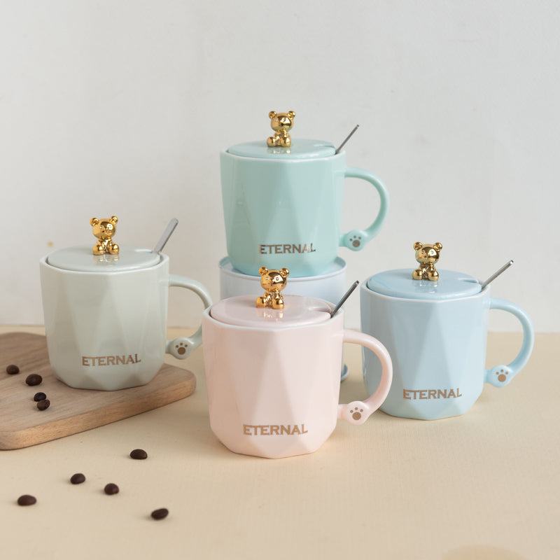 Cute Teddy Coffee Cup With Lid & Spoon Coffee Mugs June Trading   