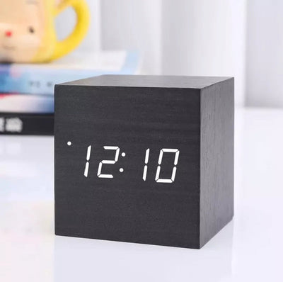 Wooden Texture Cube Alarm Clock With Temperature Display Table Clocks June Trading   