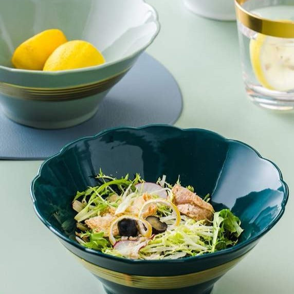 Serving Bowl With Gold Pattern Serving Bowls June Trading Olive Green  
