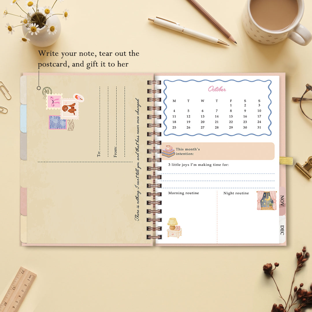 Inside the 2027 dated planner: detachable postcard and note pages