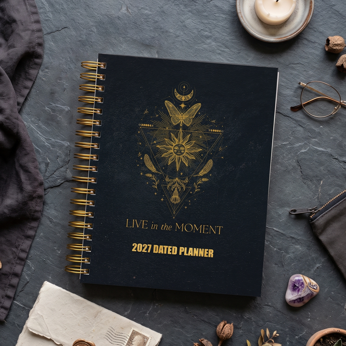 Live In The Moment 2027 dated planner in a styled setting