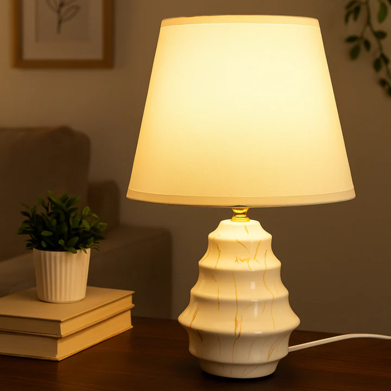 Elegant White Ceramic Table Lamp With Gold Veins & Linen Shade