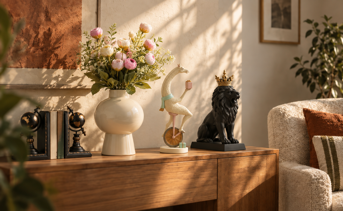 A sunlit corner with a ceramic vase, gold bird figurine and carved picture frame